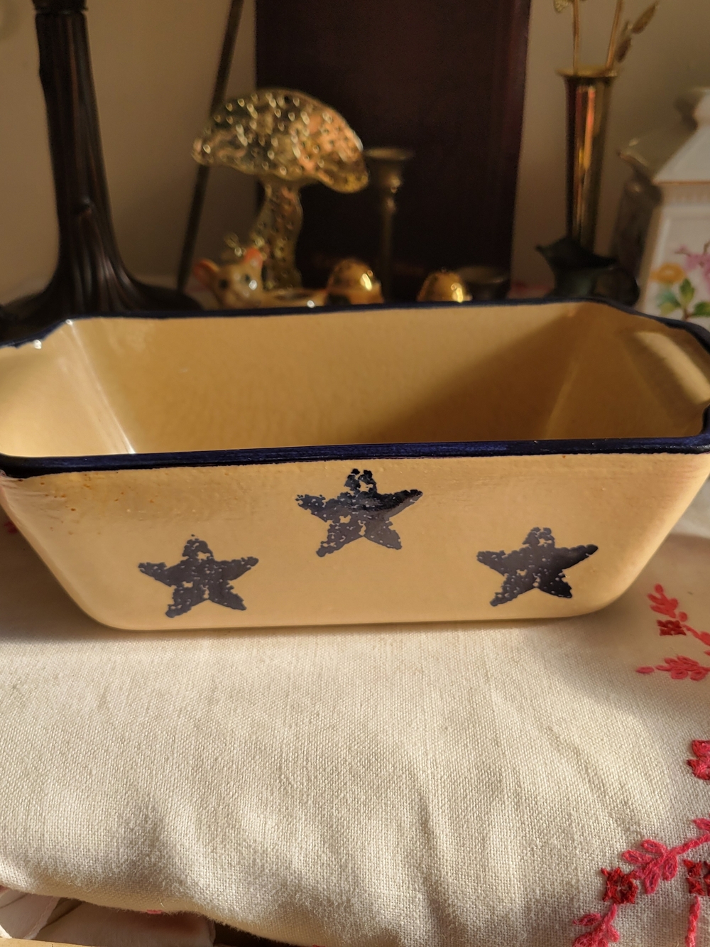 Vintage At Home America Stoneware Loaf Pan Blue Stars Primitive Farmhouse Bread